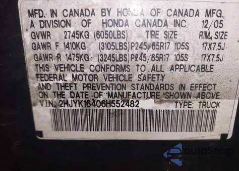 2006 Honda Ridgeline Rts z USA, uszkodzony, nr VIN 2HJYK16406H552582